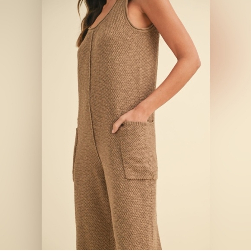 MABLE Sleeveless Knit Crop Urban Hippie Boho Jumpsuit Pockets Mocha Brown Medium - Picture 5 of 14